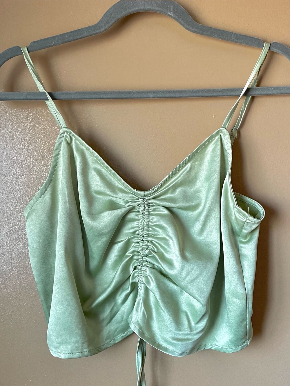 Satin Mint Green Ruched Crop Cami Top